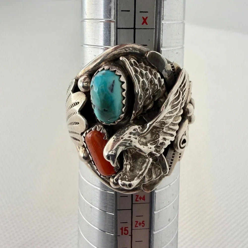 Richard Begay Navajo Eagle Ring Turquoise Coral Sterling Silver Size 13